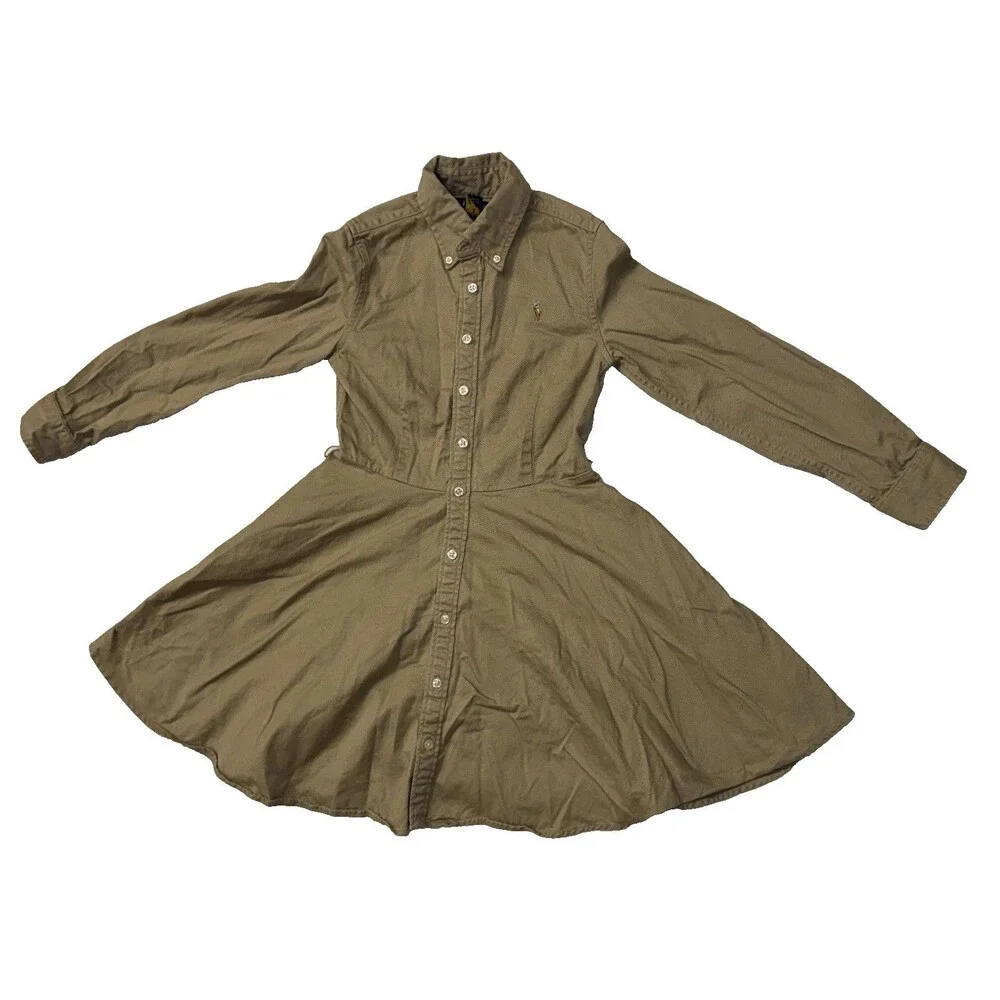 Ralph Lauren Dress Girls Sz 10 Pockets Tan Beige Pony Twirl Skirt Preppy No Belt